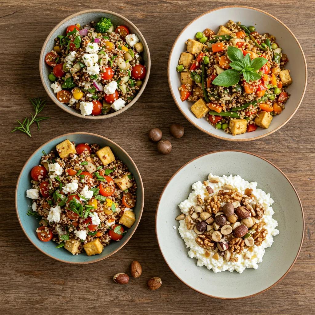 Proteinreiche vegetarische Rezepte, darunter Linsensalat und Tofu-Pfanne