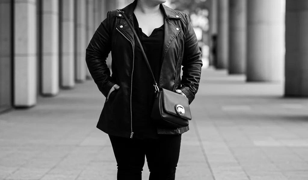 Stylish petite woman in a fashionable outfit emphasizing vertical lines and monochrome colors