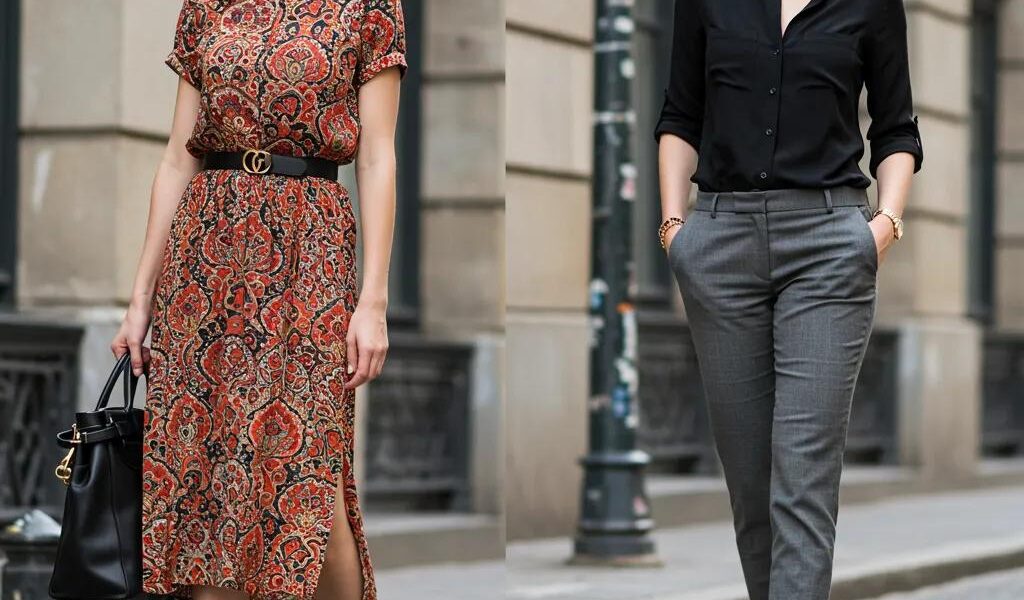 Tall woman in fashionable attire celebrating height and style