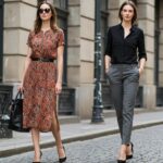 Tall woman in fashionable attire celebrating height and style