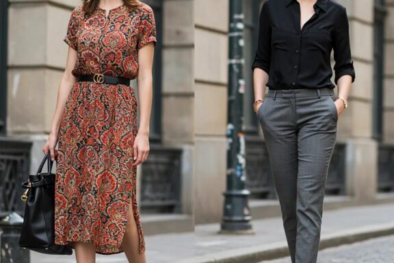 Tall woman in fashionable attire celebrating height and style