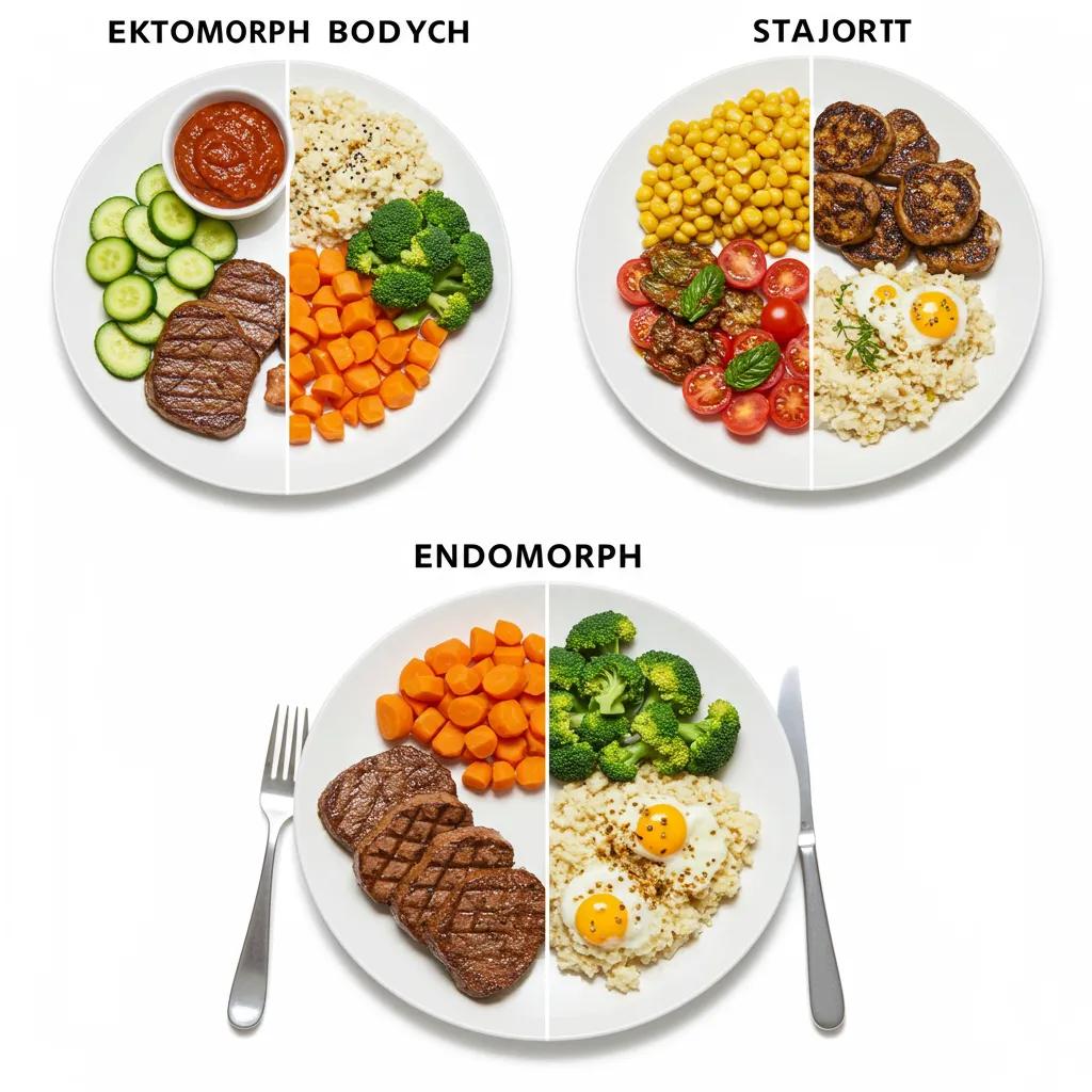 Drei verschiedene Abendessen-Teller, die Ektomorph, Endomorph und Mesomorph repräsentieren, mit angepassten Mahlzeiten