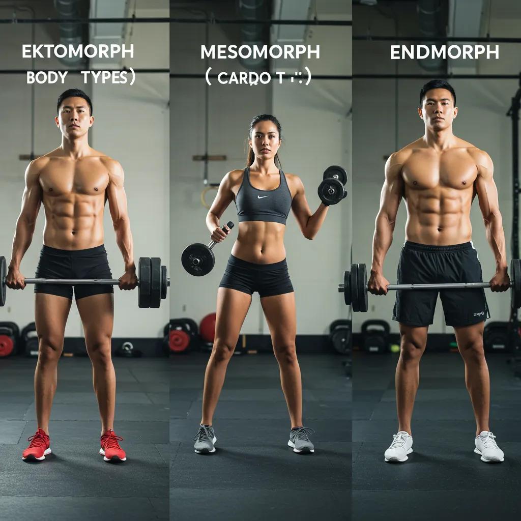 Drei Personen, die die Körpertypen Ektomorph, Mesomorph und Endomorph repräsentieren und Fitnessaktivitäten ausüben