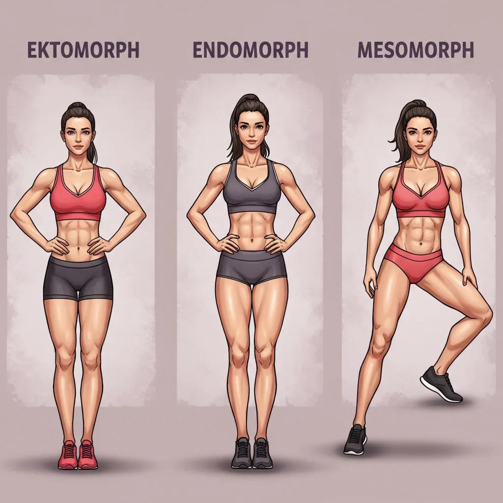 Drei Frauen, die ektomorphe, endomorphe und mesomorphe Körpertypen in sportlichen Posen darstellen – ein Bild für Fitness-Vielfalt und individuelle Stärke