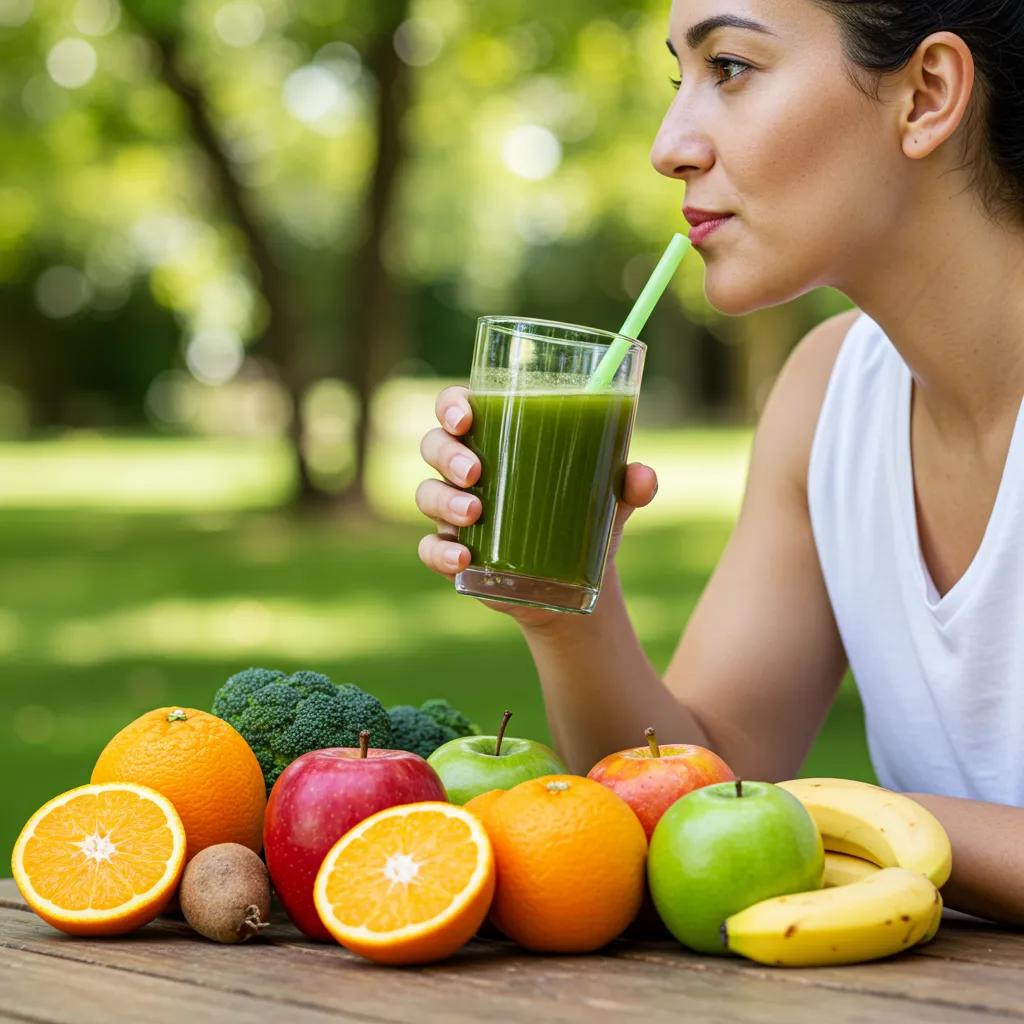 Person genießt im Freien einen Detox‑Saft, umgeben von frischem Obst und Gemüse – Illustrationsbild zu gesundheitlichen Vorteilen