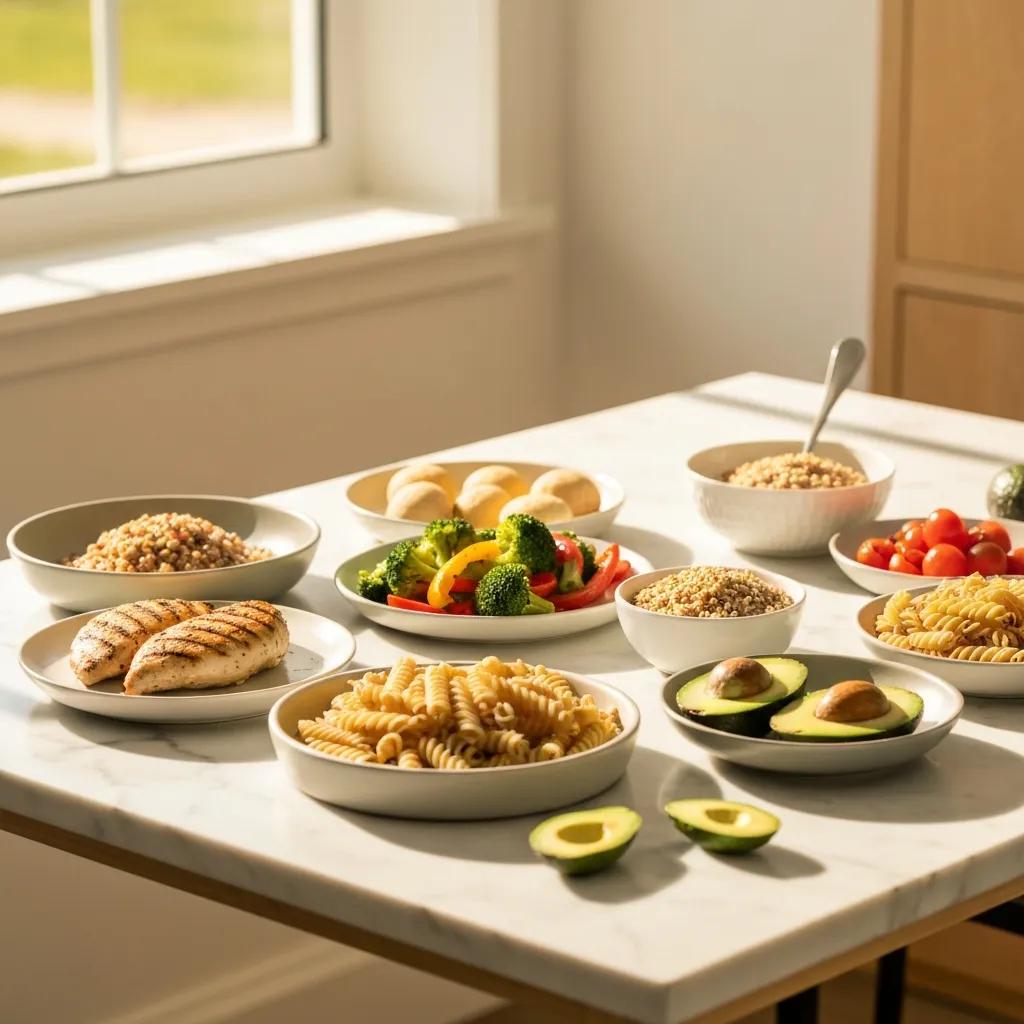 Auswahl gesunder Lebensmittel für Endomorphe: mageres Protein, Gemüse, Vollkornprodukte und Nüsse