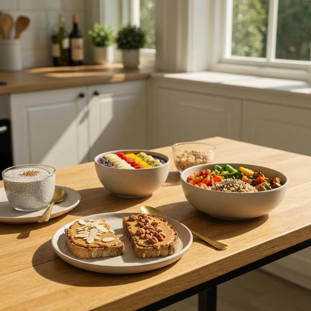 Tisch mit nährstoffdichten, kalorienreichen Mahlzeiten und Snacks für gesunde Gewichtszunahme