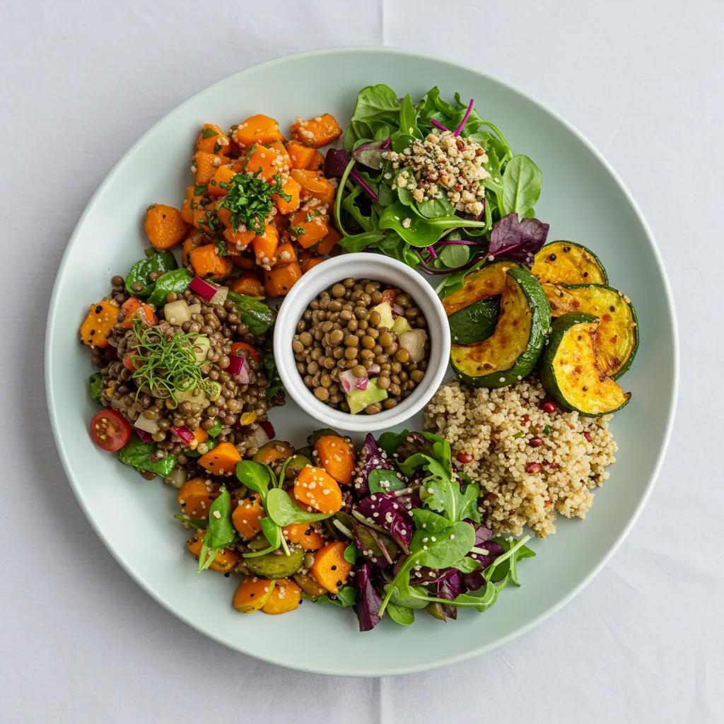 Kreativ arrangierte vegetarische und vegane Mittagsoptionen: Linsensalat und Quinoa‑Bowl