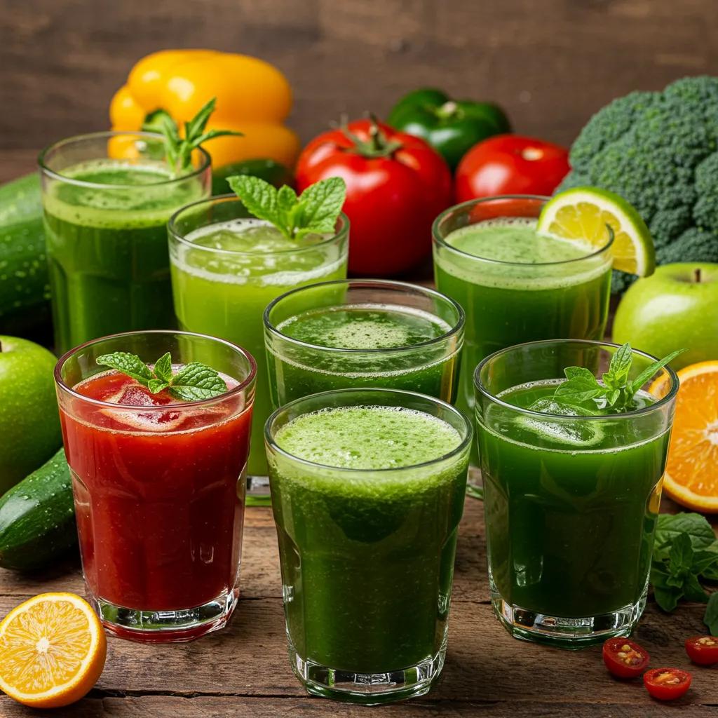 Mehrere grüne Saftrezepte in Gläsern, garniert mit frischen Kräutern und Früchten