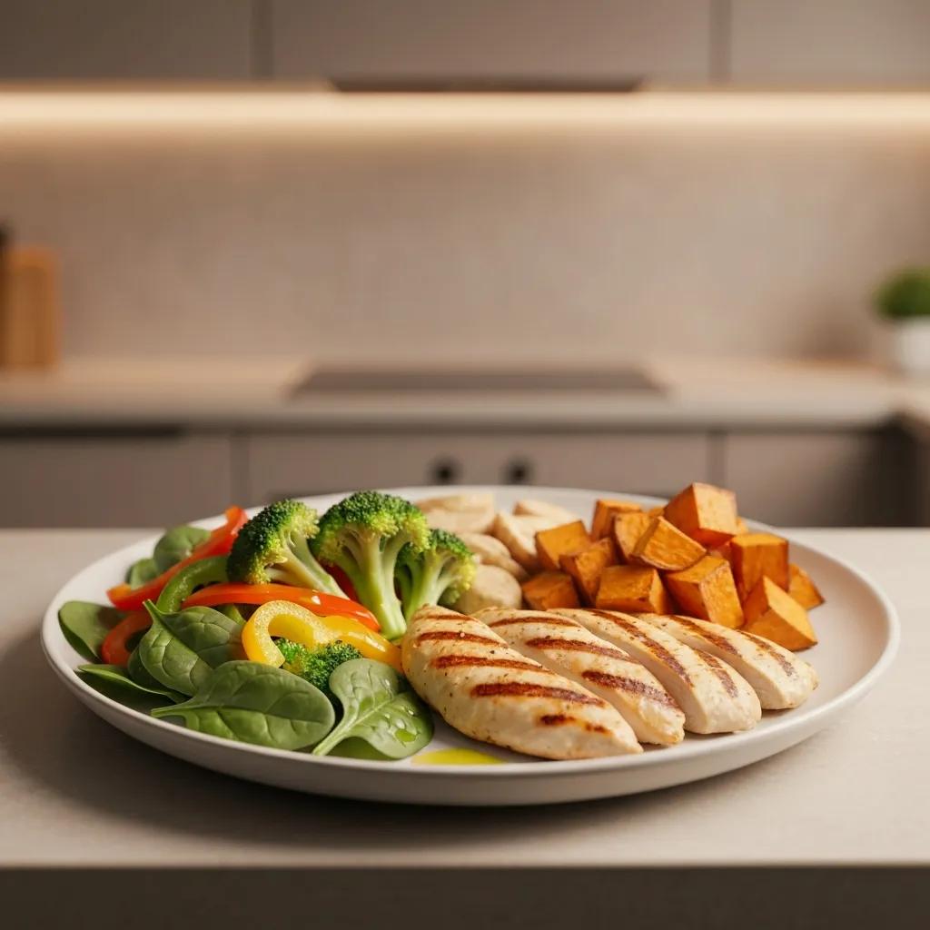 Ausgewogene Mahlzeit mit Protein, gesunden Fetten und Gemüse – Grundlage für Body Recomposition