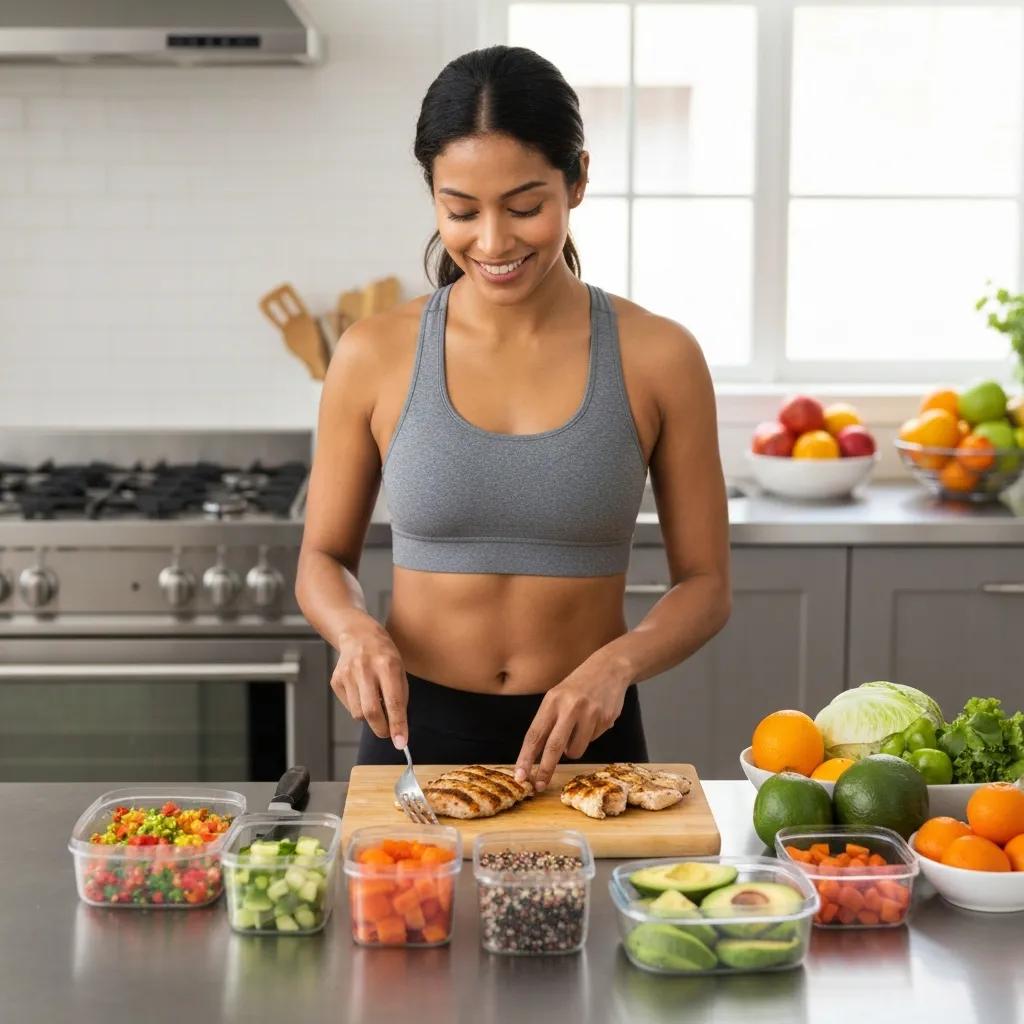 Vorbereitete Mahlzeiten mit proteinreichen Lebensmitteln, komplexen Kohlenhydraten und gesunden Fetten für Mesomorphe
