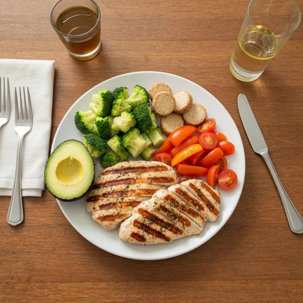 Ausgewogene Mahlzeit mit Protein, Gemüse und gesunden Fetten — Beispiel für Ernährung von Endomorphen