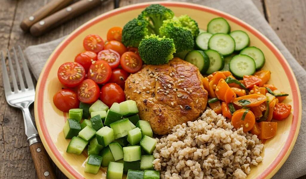 Familie kocht gemeinsam in einer hellen Küche mit frischen Zutaten — schnelle, gesunde Mahlzeiten