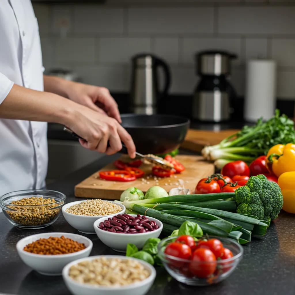 Koch bereitet schnelle vegetarische Gerichte mit frischen Zutaten in einer lebendigen Küche zu