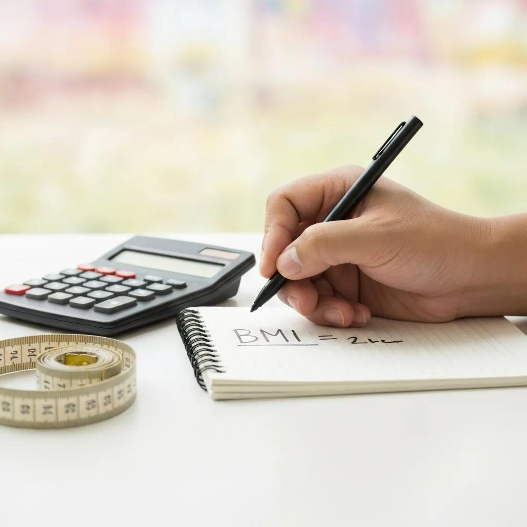 Nahaufnahme der BMI‑Formel, Taschenrechner und Maßband