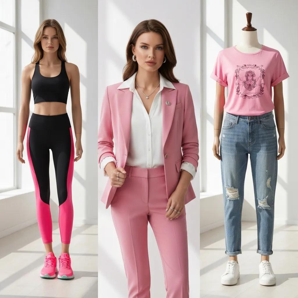 Collage mit pinken Outfit‑Beispielen für Freizeit, Business und Events