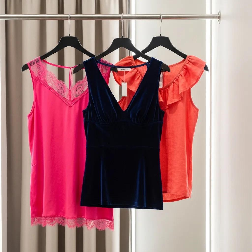 Auswahl taillierter Oberteile für mesomorphe Frauen in verschiedenen Farben und Schnitten