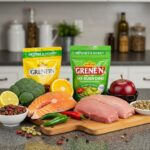 Colorful arrangement of natural fat-burning foods including green tea, chili peppers, and lean proteins