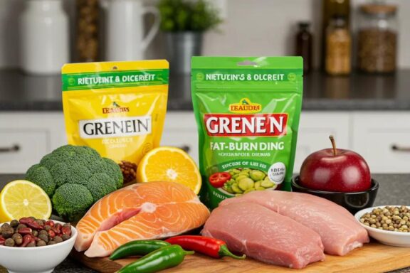 Colorful arrangement of natural fat-burning foods including green tea, chili peppers, and lean proteins