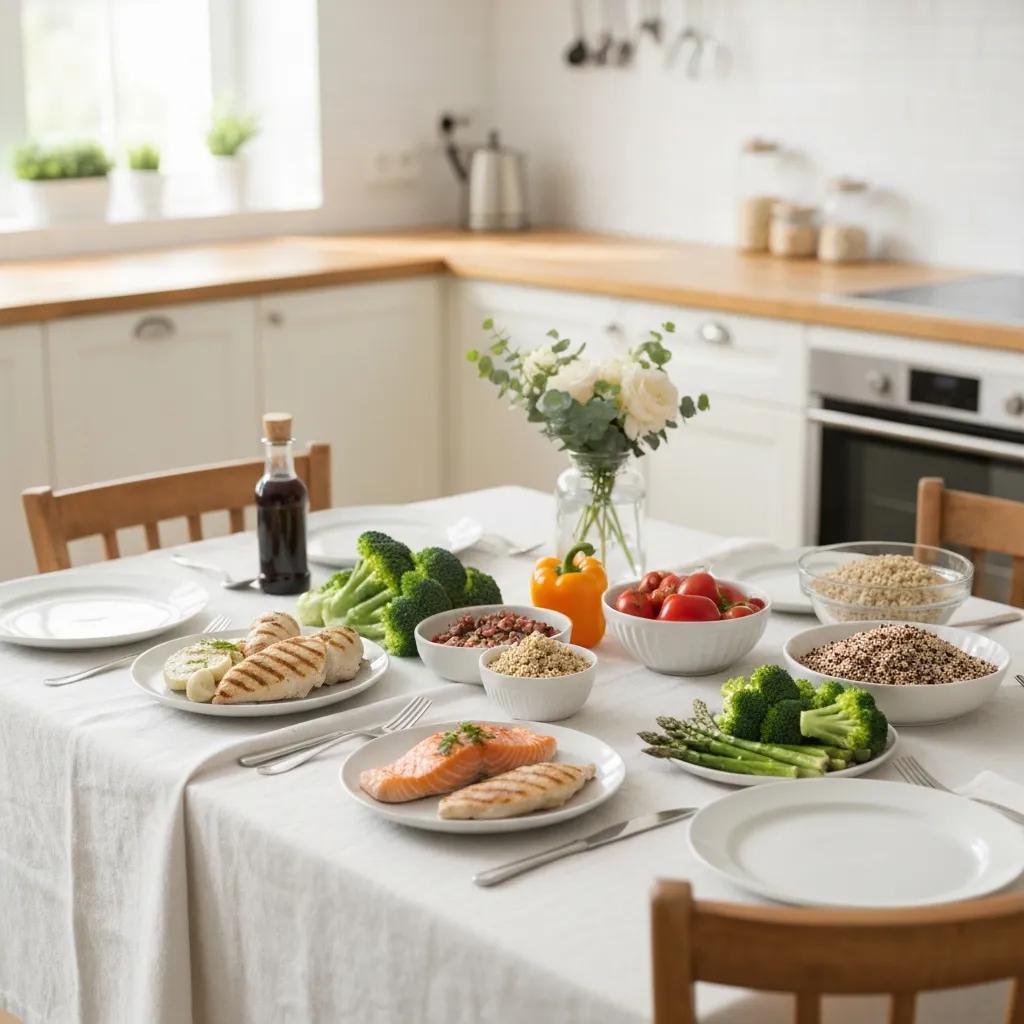 Bunte Auswahl an gesunden Lebensmitteln: mageres Protein, Gemüse und Vollkorn – passende Ernährung für Mesomorphe