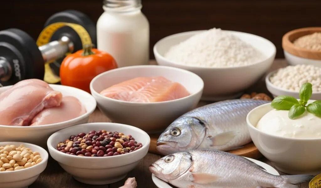 Colorful assortment of protein-rich foods including chicken, fish, and legumes, emphasizing healthy eating for muscle gain