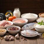 Colorful assortment of protein-rich foods including chicken, fish, and legumes, emphasizing healthy eating for muscle gain