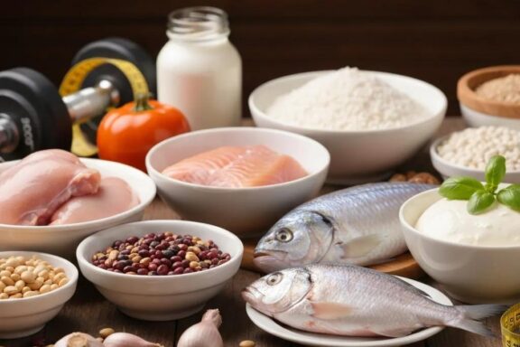 Colorful assortment of protein-rich foods including chicken, fish, and legumes, emphasizing healthy eating for muscle gain