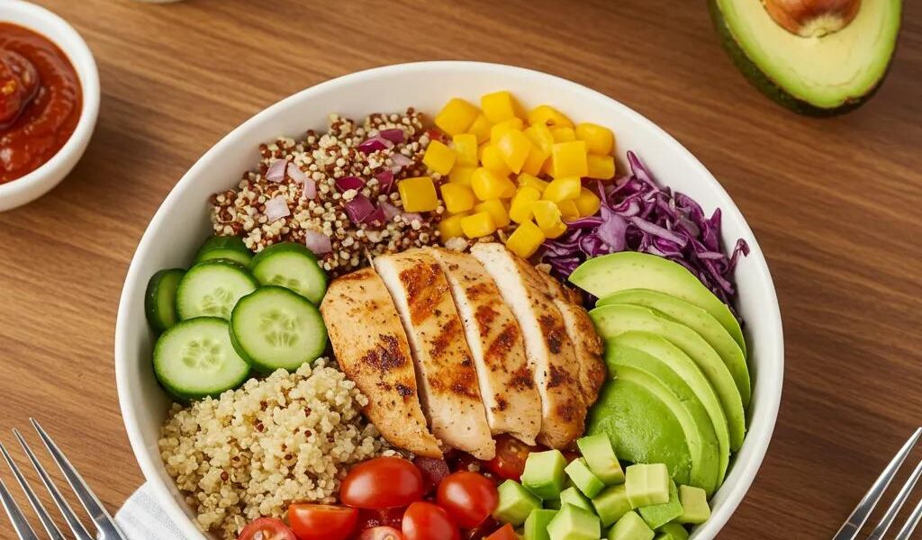 Colorful clean eating meal with grilled chicken, quinoa, and fresh vegetables