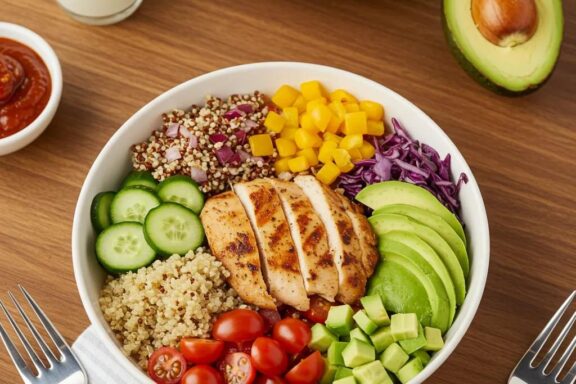 Colorful clean eating meal with grilled chicken, quinoa, and fresh vegetables
