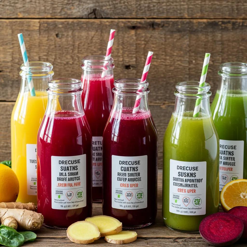 Mehrere bunte Detox‑Säfte in Flaschen – gesund und erfrischend, ideal als kurzes Reset