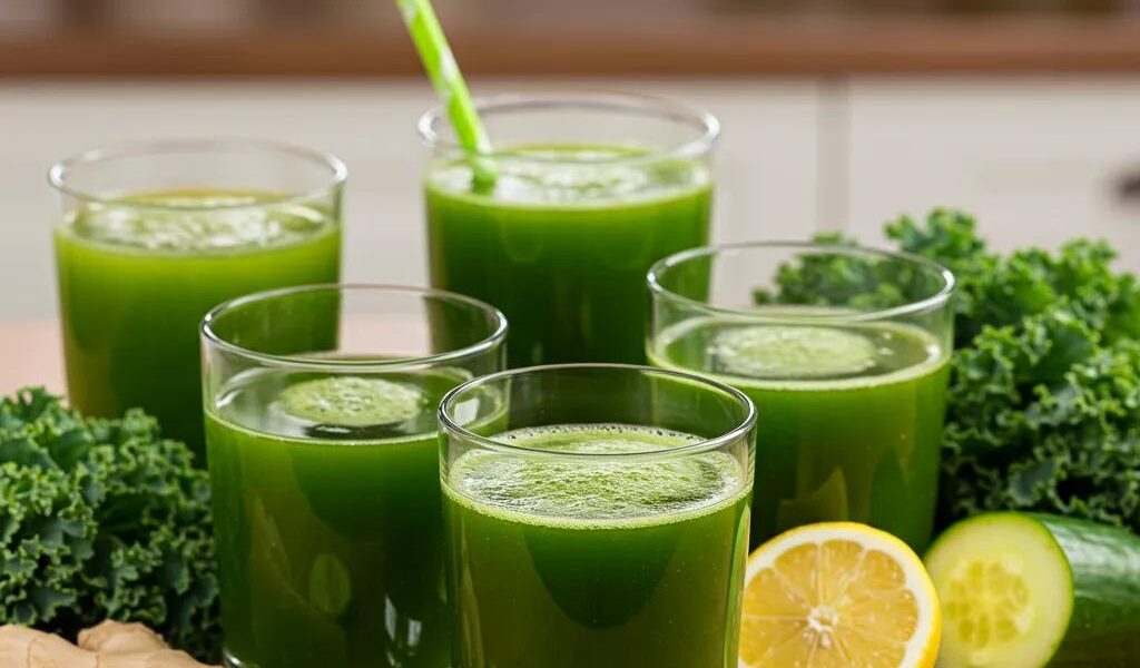 Colorful fat-burning juices made from green vegetables, ginger, and lemon on a kitchen table