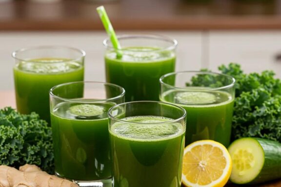 Colorful fat-burning juices made from green vegetables, ginger, and lemon on a kitchen table