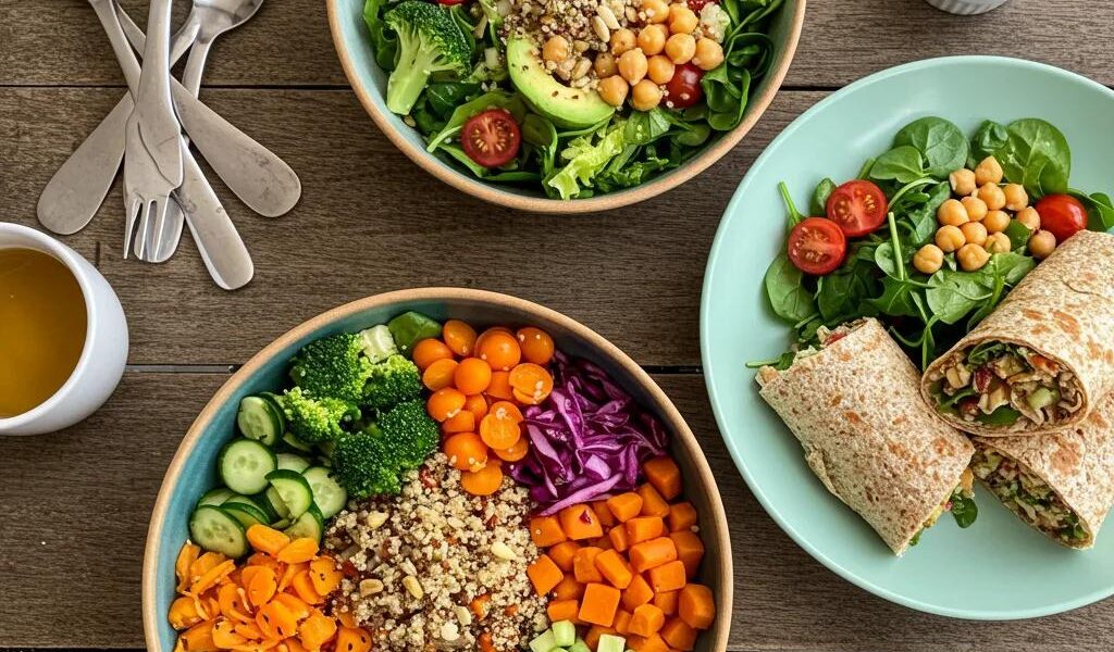 Bunte, gesunde Mittagsoptionen: Quinoa‑Bowl, Salat und Wrap auf einem rustikalen Tisch
