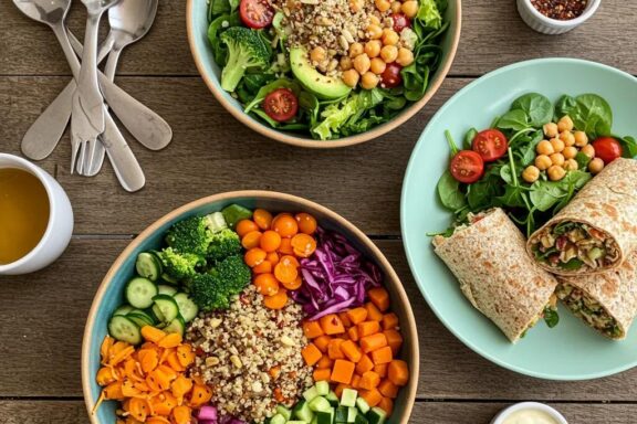 Bunte, gesunde Mittagsoptionen: Quinoa‑Bowl, Salat und Wrap auf einem rustikalen Tisch