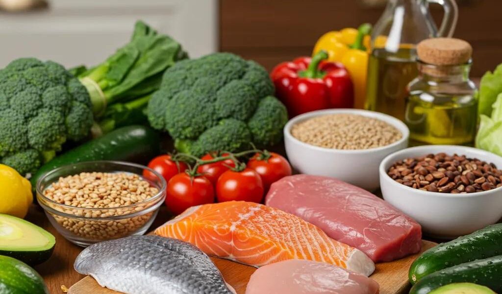 Colorful ingredients for healthy dinner recipes including vegetables, proteins, and grains