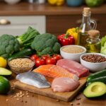 Colorful ingredients for healthy dinner recipes including vegetables, proteins, and grains