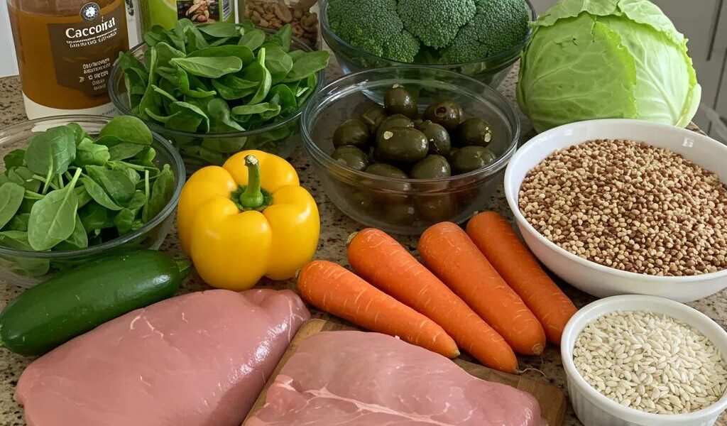 Colorful kitchen ingredients for quick healthy dinners, emphasizing fresh vegetables and lean proteins