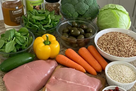 Colorful kitchen ingredients for quick healthy dinners, emphasizing fresh vegetables and lean proteins