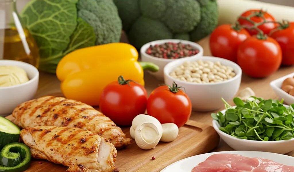 Colorful low-carb foods including fresh vegetables and lean proteins in a bright kitchen setting