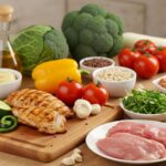 Colorful low-carb foods including fresh vegetables and lean proteins in a bright kitchen setting