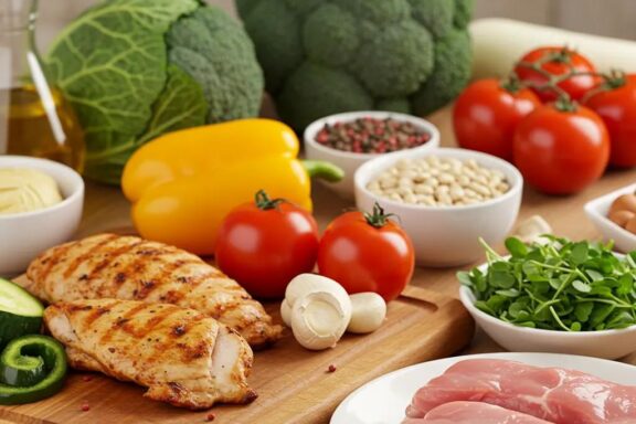 Colorful low-carb foods including fresh vegetables and lean proteins in a bright kitchen setting