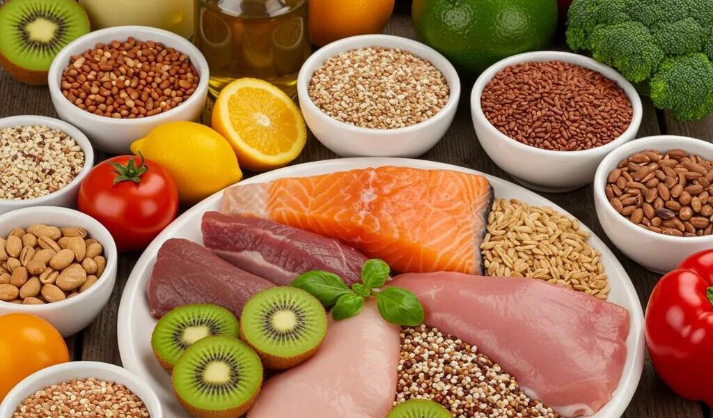 Bunte Telleraufteilung mit gesunden Lebensmitteln für eine ausgewogene Makroverteilung