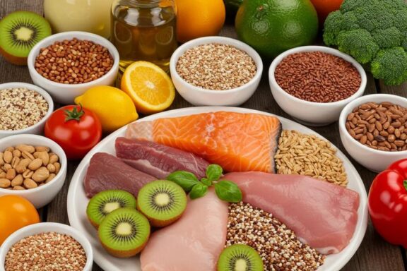 Bunte Telleraufteilung mit gesunden Lebensmitteln für eine ausgewogene Makroverteilung