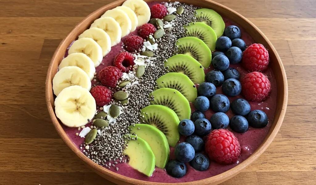 Colorful smoothie bowl with fruits and nuts representing healthy smoothie recipes