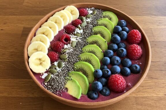 Colorful smoothie bowl with fruits and nuts representing healthy smoothie recipes