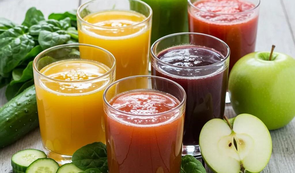 Bunte, zuckerarme Säfte mit frischem Obst und Gemüse – Genuss ohne viel Zucker