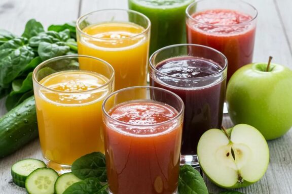 Bunte, zuckerarme Säfte mit frischem Obst und Gemüse – Genuss ohne viel Zucker