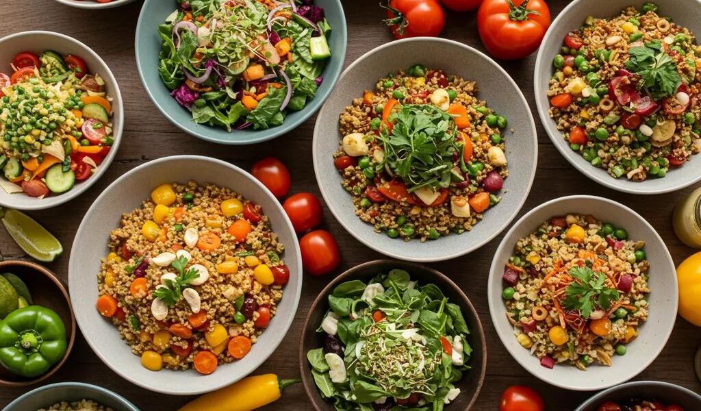 Colorful vegetarian main dishes showcasing healthy ingredients and vibrant colors