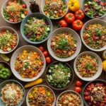 Colorful vegetarian main dishes showcasing healthy ingredients and vibrant colors