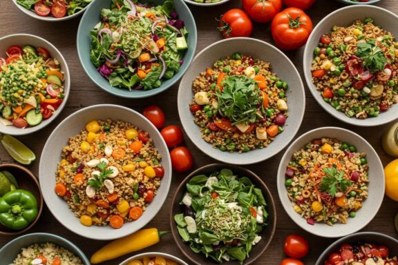 Colorful vegetarian main dishes showcasing healthy ingredients and vibrant colors